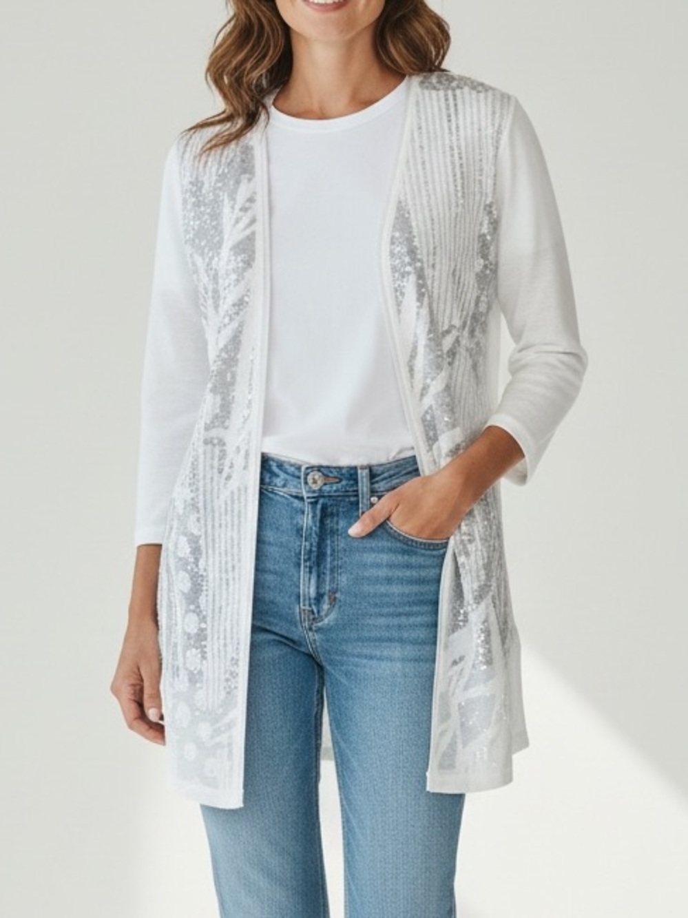 Chico's Small White Sheer Mesh Lightweight Embroidered Knit Top 3/4 Sleeves